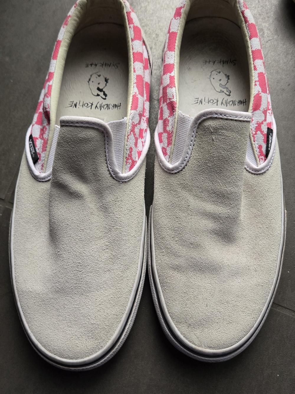 Vans Slip-On Sneakers in Light Gray with Pink Patterned Trim